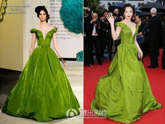 张雨绮身穿ulyana sergeenko一字领绿色礼服