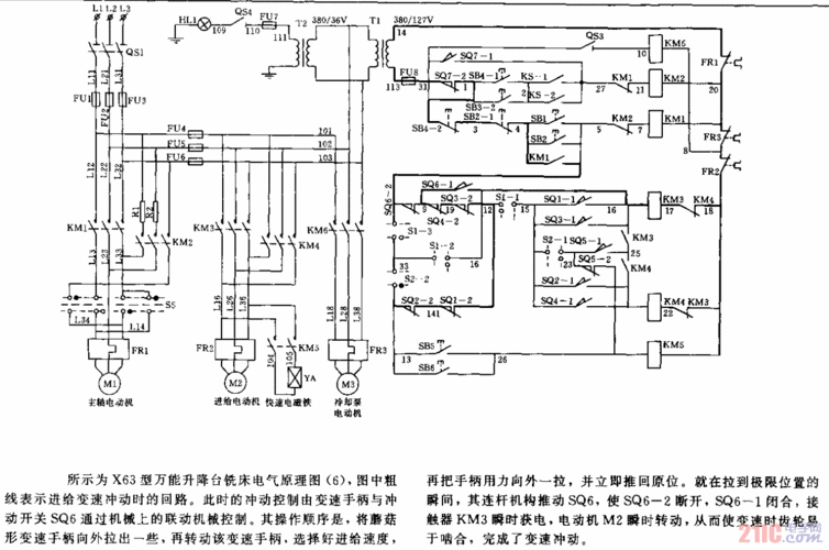 x63w型万能升降台铣床电气原理图电路6进给变速冲动时的回路