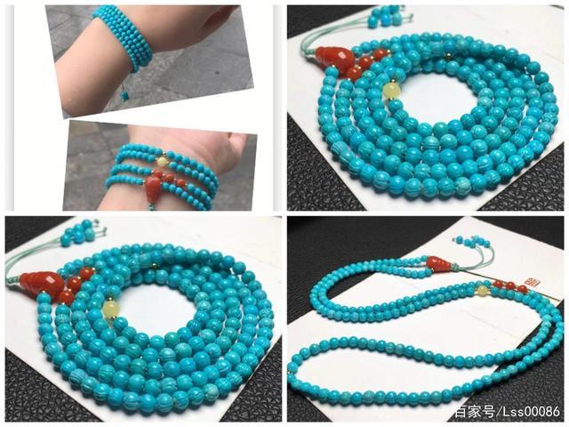 原矿绿松石手串莲花珠108佛珠雕刻件配饰