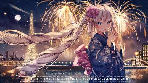 2019年8月唯美动漫美女插画日历壁纸