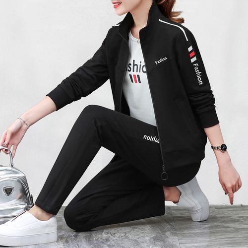 运动服套装女2021春季新款时尚气质立领开衫长袖t恤休闲裤三件套