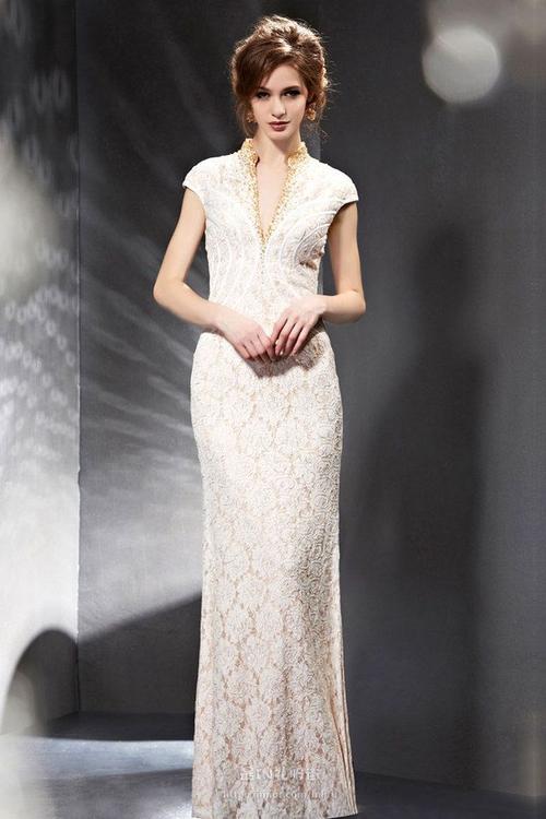 [爱喵网]性感镂空花纹深v立领鱼尾晚礼服_敬酒服_镂空花纹深v立领鱼尾