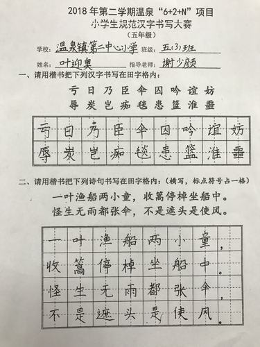 "规范书写,传承经典"——2019年温泉"6 2 n"项目小学生规范汉字书写