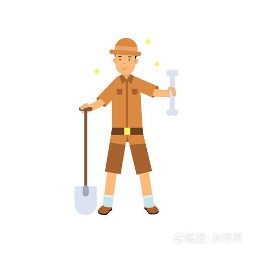 考古学家用铲子和大骨头站在手里