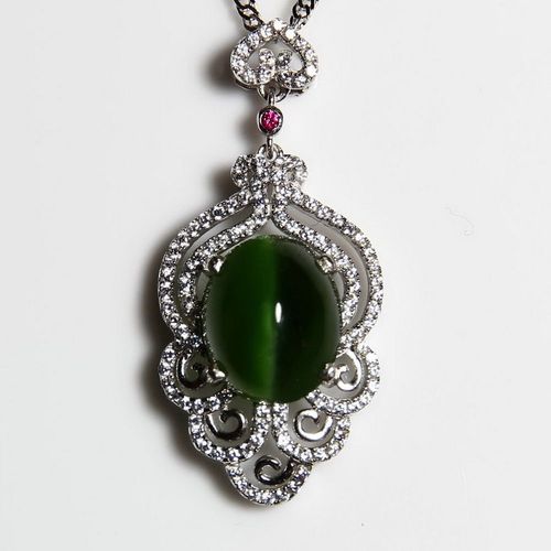 猫眼玉台湾天然猫眼石项链吊坠猫眼效应强天磨gma72透金绿