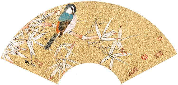 张建军扇面金丝小鸟画花鸟画国画工笔画中式装饰画宣纸复制画