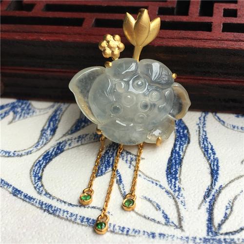 翡翠简安冰透饱满团圆合家吊坠荷花冰种镶嵌颈饰