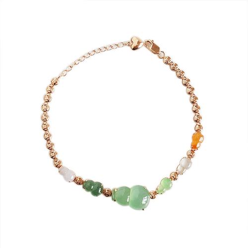 正品二手99新au750简约时尚款天然a货黄绿冰种葫芦福禄翡翠手链视频