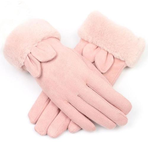 story)2018冬季新款可爱兔耳朵毛球麂皮绒韩版时尚女士连指加绒手套