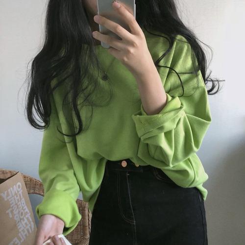 实价 早秋款韩国chic 牛油果绿百搭圆领长袖卫衣女