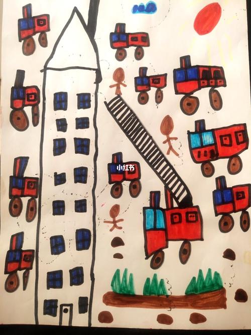 儿童画消防车_绘画_文化_绘画