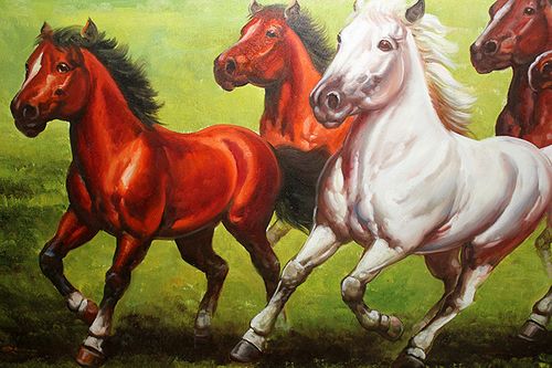 大芬油画批发 纯手绘油画 八马图挂画 客厅装饰画