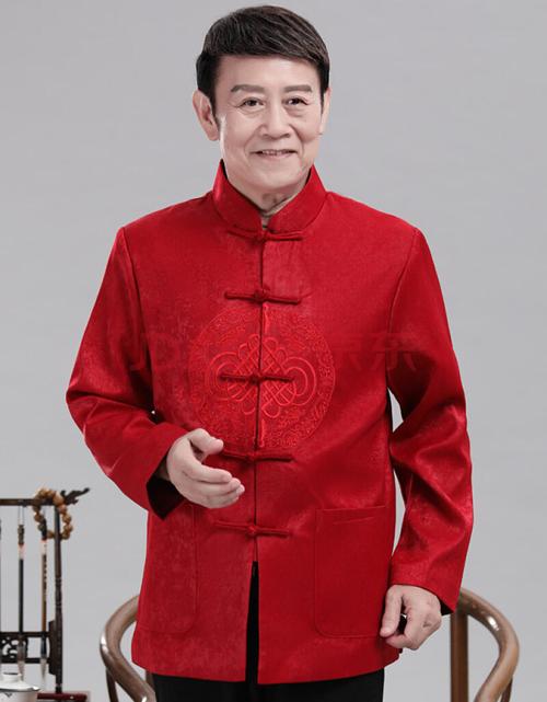唐装男老人过寿冬装棉袄加厚加棉衣爷爷奶奶情侣装秋薄外套 男红色