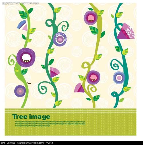 插画—弯曲藤蔓上的绿叶和紫色花朵设计图片