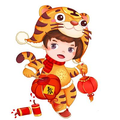 虎年穿着老虎服的福娃迎春节灯笼元宵节卡通元素2022年虎年新年春节