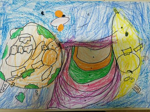 儿童画-创意联想月亮和地球