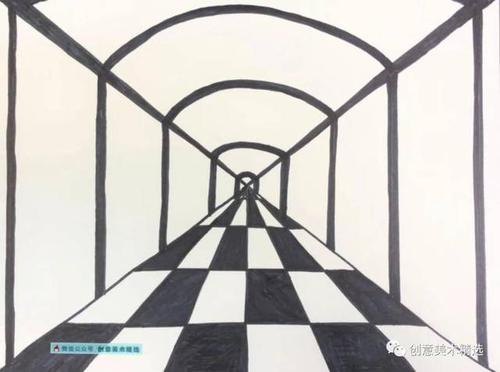 画出走廊部分的矩形地砖,注意近大远小的透视关系.