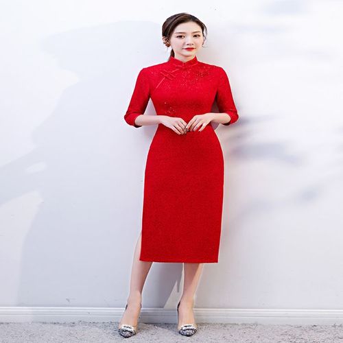 礼仪旗袍迎宾服装红色长袖外嫁女回娘家颁奖礼服走秀