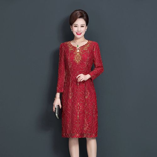 春秋女中老年妈妈装宽松显瘦高贵气质喜庆蕾丝婚宴礼服婚礼连衣裙