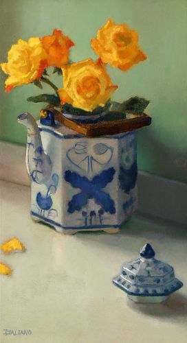 青花瓷茶壶与花朵静物油画