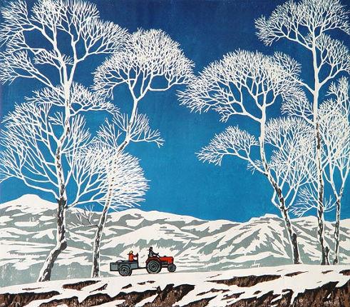 雪原晨曲  版画   50×44cm  油印套色木刻   1998       雪原,雾松