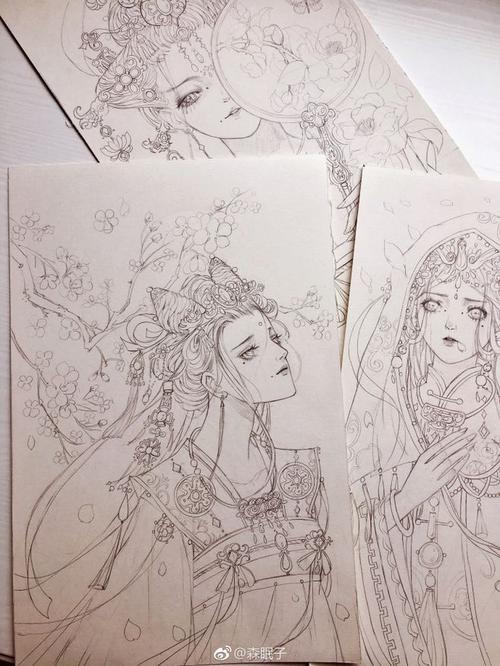 好久没画古风妹子了～图透几张线稿希望小公主们喜欢～#每日一画