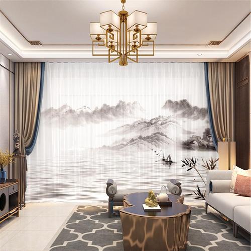 萱诗蔓(xursemon)新中式窗帘山水水墨画窗纱帘别墅客厅卧室阳台茶室
