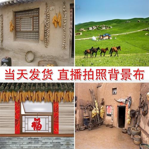 购客直播背景布农村快手直播间网红主播背景墙3d立体窑洞土房草原背景