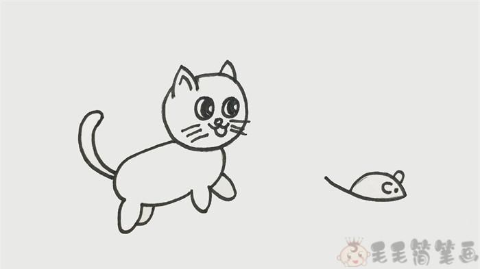 把猫咪全身涂成黄色,嘴巴涂成红色,老鼠涂成浅黑色,猫抓老鼠简笔画就