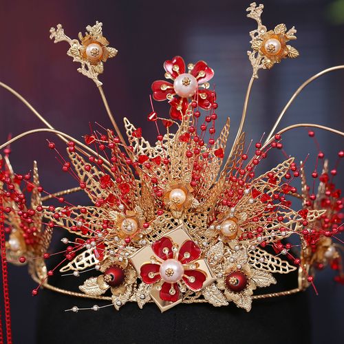 新娘红色古装发饰中式秀禾头饰大气结婚饰品凤冠步摇耳环奢华套装