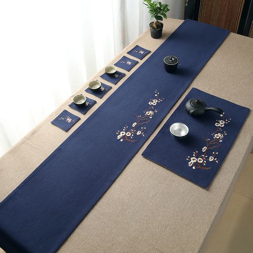 中式桌旗绣花棉麻茶席中国风茶道素雅茶几桌垫干泡禅意古典茶旗布