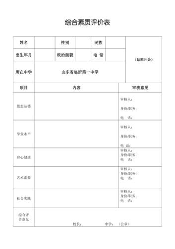 综合素质评价表模板