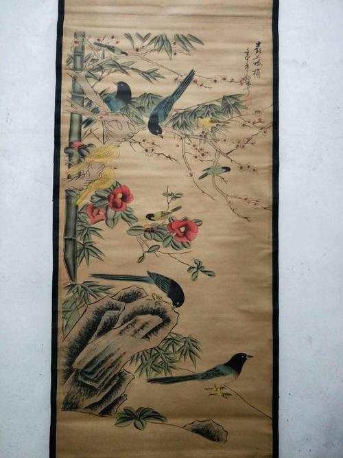 大放漏!郎世宁款作品【喜上眉梢】老旧宣纸卷轴字画一