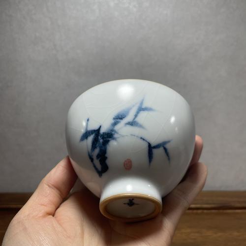善窑厂李善明款善款一代月白汝窑汝瓷老款开片手绘竹子鸡心杯开片