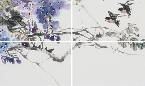 【已售】广西美协石云轩六尺对开横幅紫藤花写意花鸟画《紫气东来》