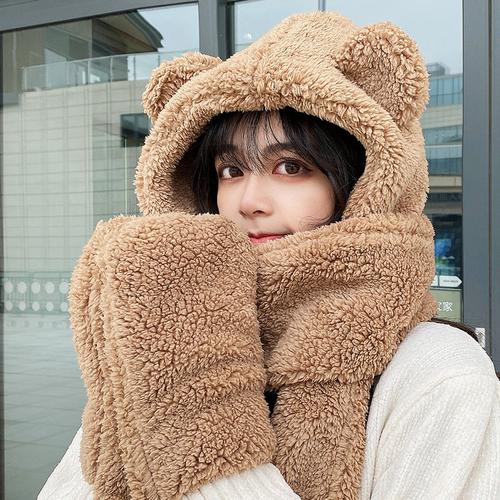 省1元小熊帽子围巾一体秋冬季百搭新款