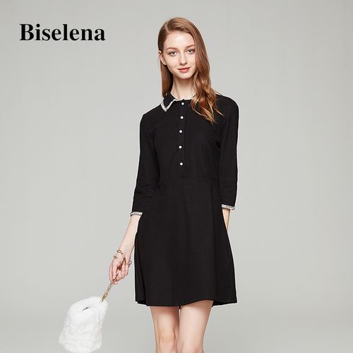 biselena贝茜妮旗舰店,biselena贝茜妮羽绒服 贝茜妮biselena2020年秋装新款轻熟高腰修身七分袖小香风连衣裙女