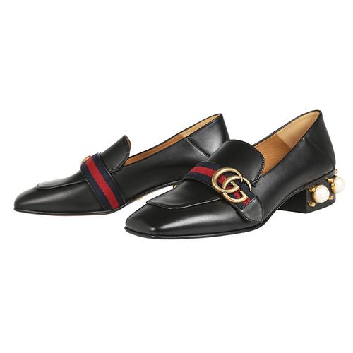 【18秋冬】gucci/古驰 双g珍珠铆钉镶嵌中跟 女士乐福鞋 423559dkhc0