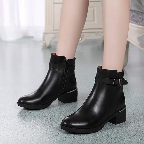 新款短靴中跟真皮粗跟女鞋平底方跟马丁靴 2016 欧洲站女靴