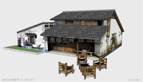 中式瓦房老房子人字坡屋顶1su模型