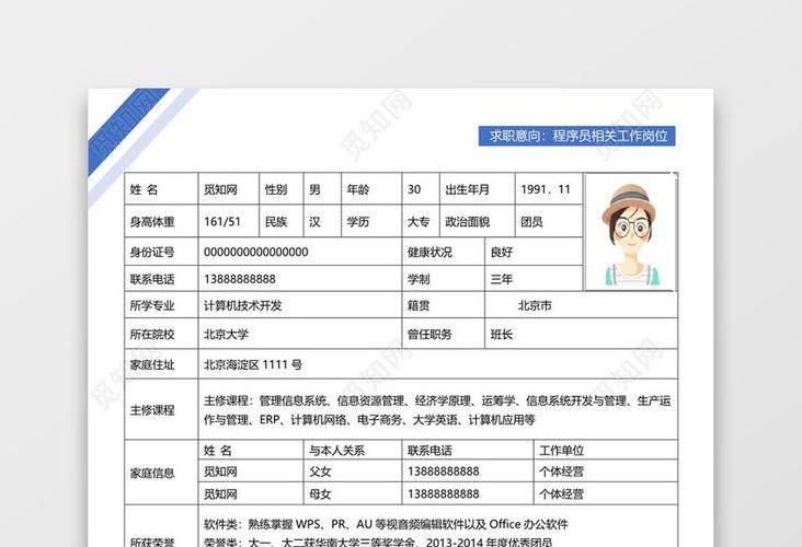 蓝色简洁大气程序员word格式简历表格模板