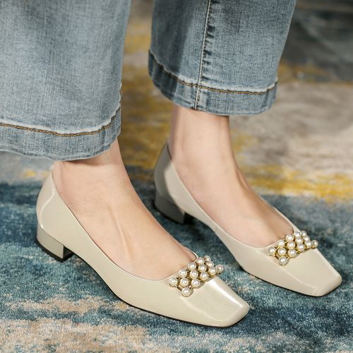 平底单鞋女2021春季新款牛皮革方头女鞋浅口珍珠豆豆鞋