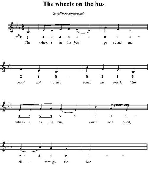the wheels on the bus(线简谱混排版,英文儿歌) 简谱