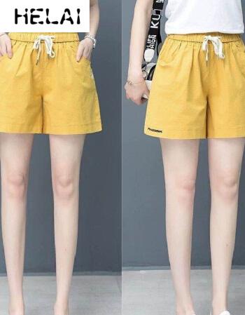 棉高腰短裤女新款夏季薄款宽松高腰显瘦女裤夏天宽松运动短裤女65金色