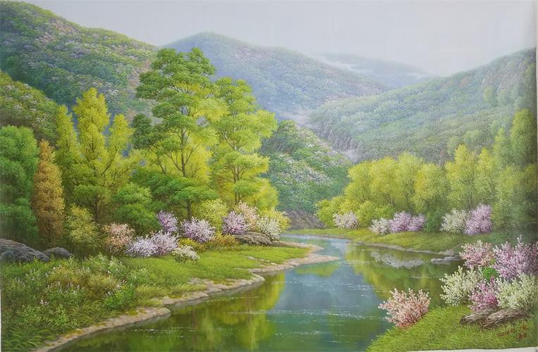朝鲜油画风景画春天的山麓春天山麓李春人民画家yf