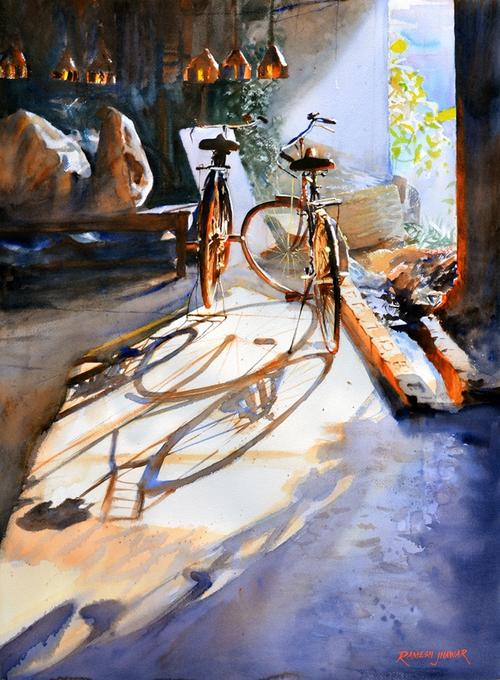 角落里的单车 ~ 水彩画 画师ramesh jhawar作品