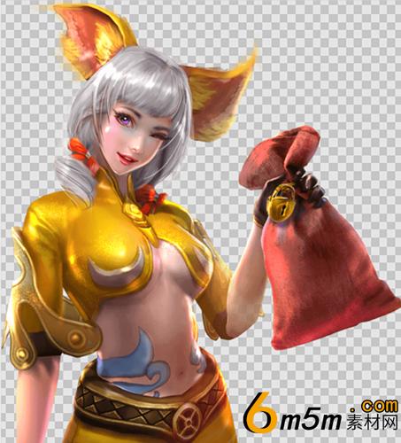 手握红锦囊的黄金女猪妖游戏角色png立绘素材