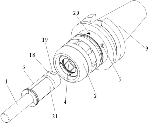 旋转至退刀凹台朝向卡簧锁销时,卡簧向刀柄外的移动不受安全锁销限制