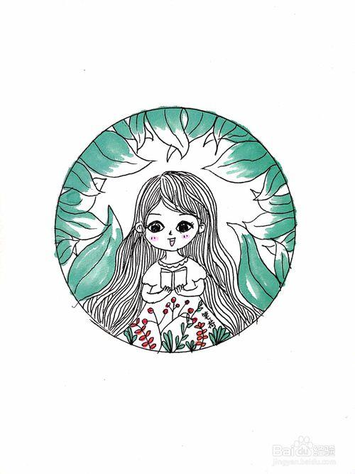 怎样用圆形画一个镜中唯美女孩创意简笔画?