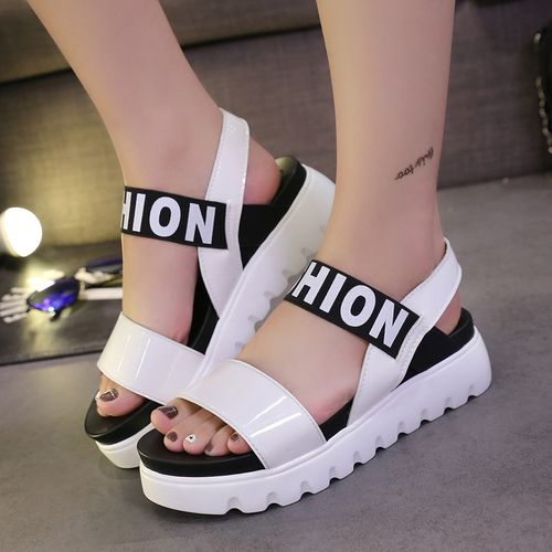 2016夏季百搭彩色松紧凉鞋女学生中跟平底拼色露趾女鞋休闲时尚潮